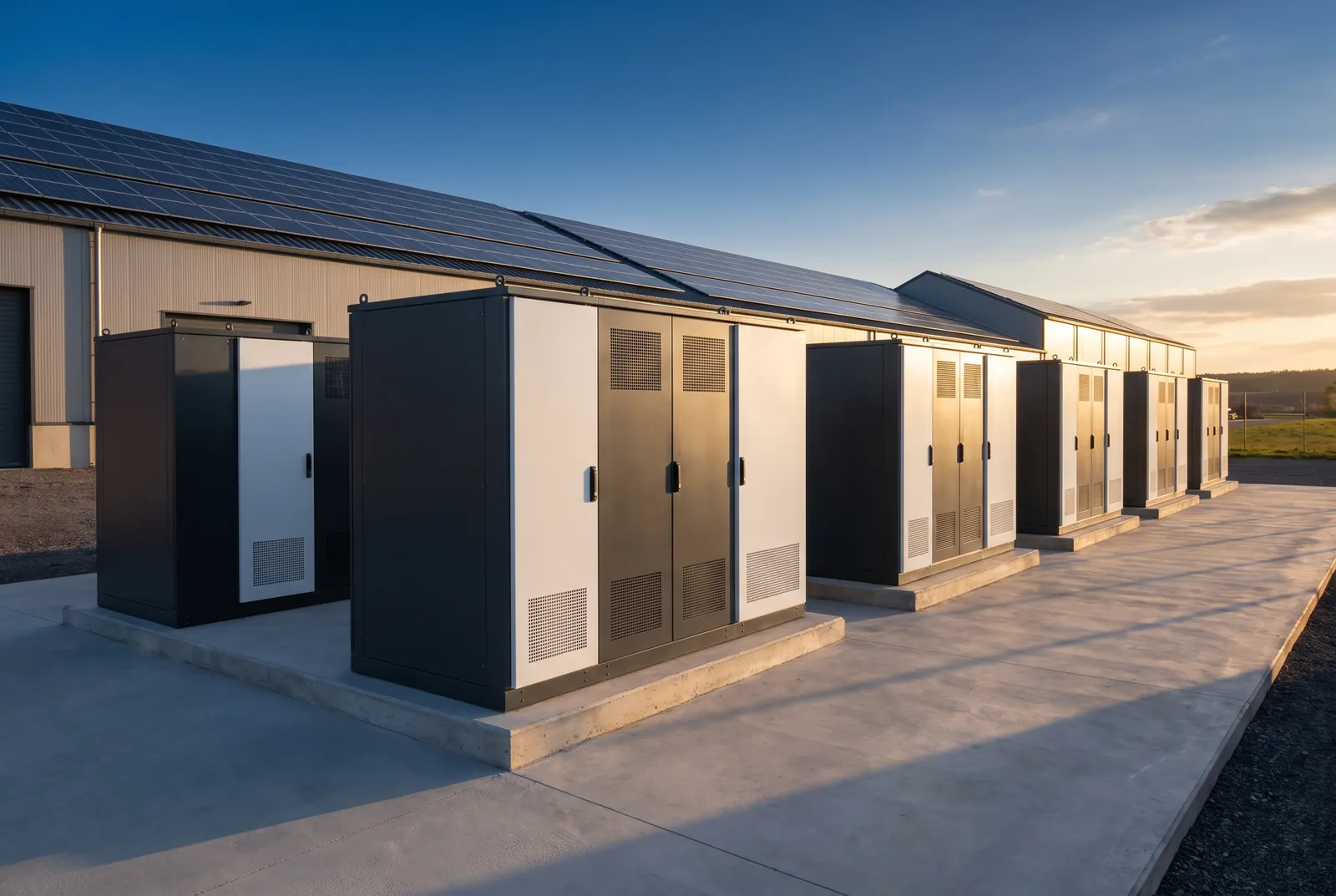 Commercial battery energy storage cabinets installed beside a building with rooftop solar