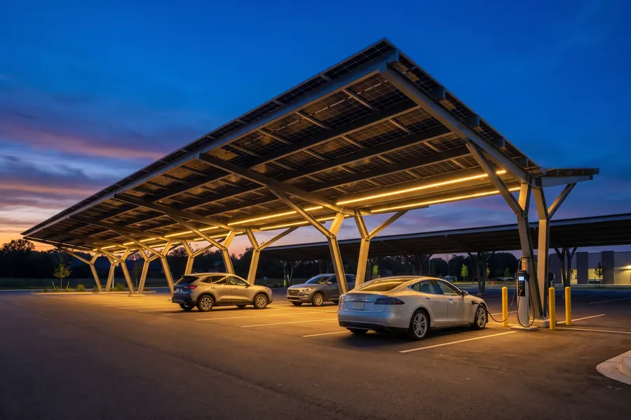 Solar carport project over a commercial parking lot