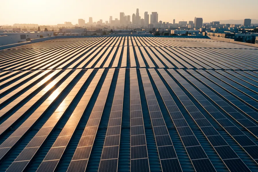 Aerial view of a solar-covered commercial rooftop with the Los Angeles skyline beyond