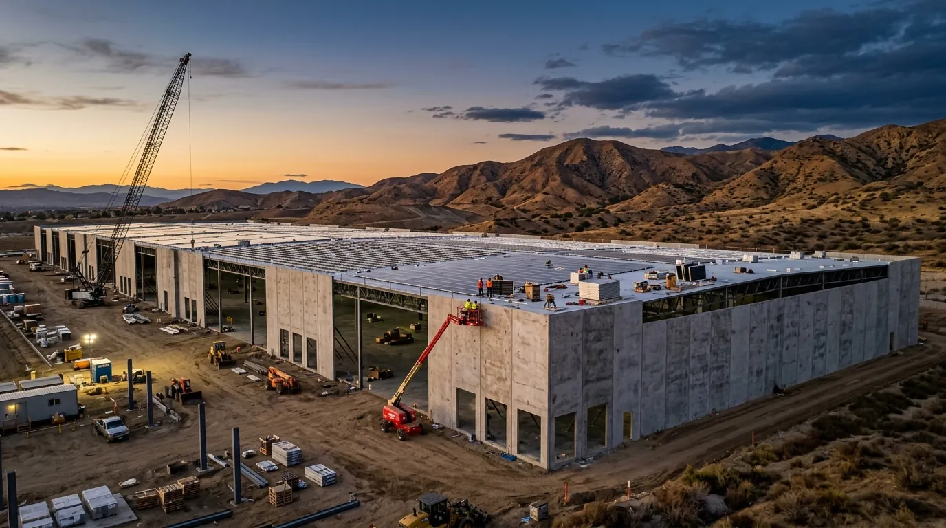 Large tilt-up concrete distribution warehouse under construction at dusk with solar racking being installed across the roof